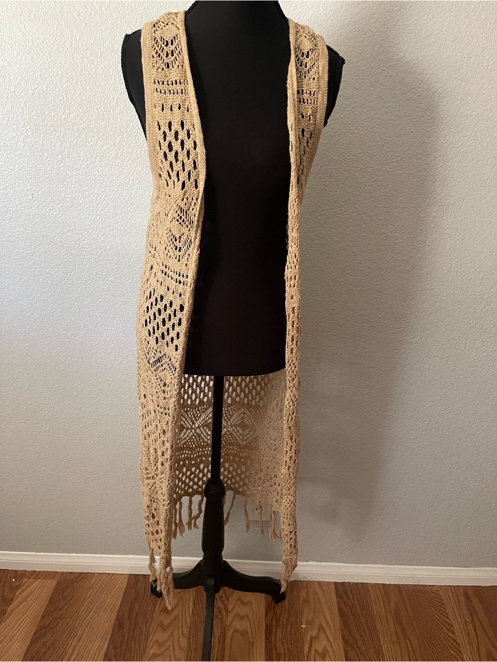 Wrangler Beige Openwork Crochet Long Vest Scarf